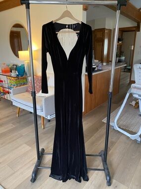 Worn Once - Windsor Black Velvet Long-Sleeve Plunging Gown